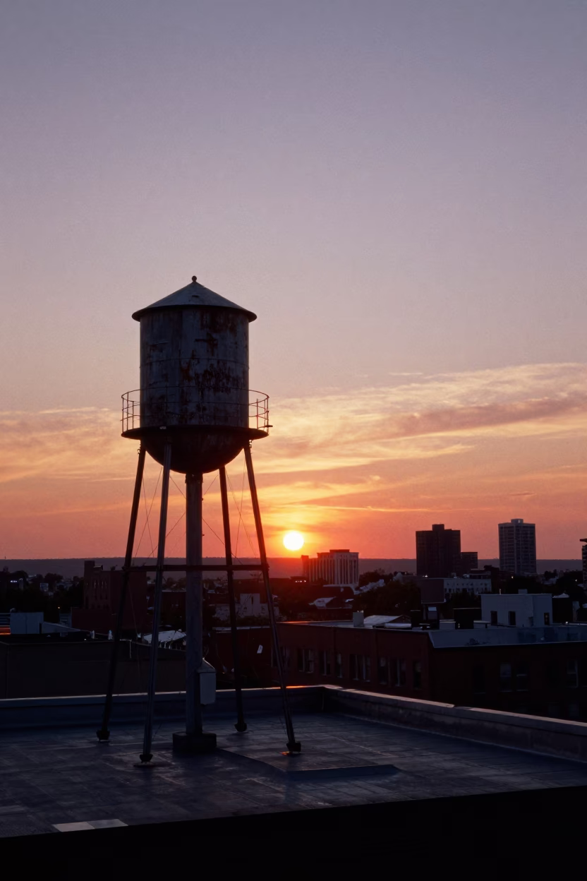 Montreal Rooftop Water Tower and Urban Skyline at Sunset in Quebec Canada in in Montreal, Quebec, Canada