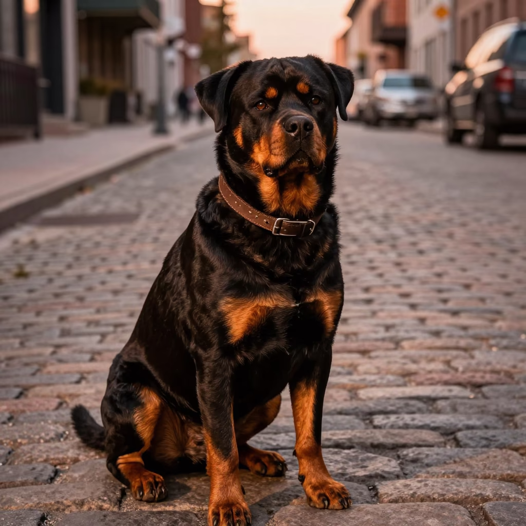 Montreal Rottweiler at Copper-toned Light Before Dusk in in Montreal, Quebec, Canada