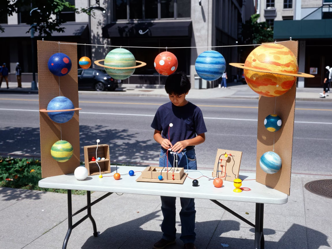 Montreal Science Fair Display with Cardboard Planets and Circuits at Midday in in Montreal, Quebec, Canada