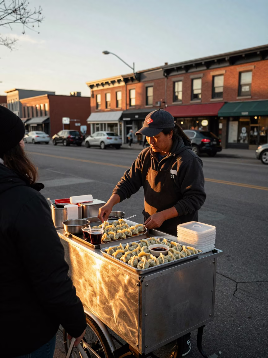 Montreal Selling Gyoza at Sunset Light in in Montreal, Quebec, Canada