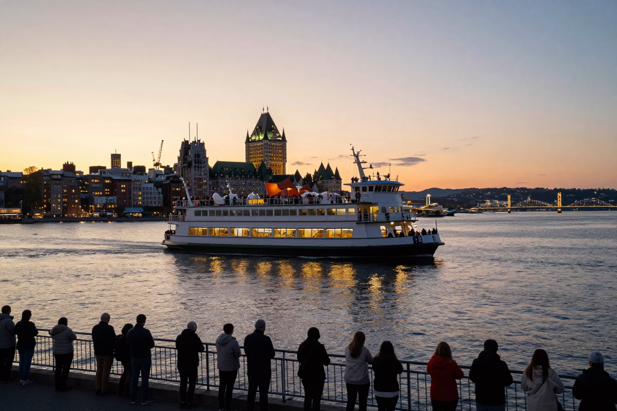 Montreal St Lawrence River Ferry Crossing at Dusk with City Lights in in Montreal, Quebec, Canada