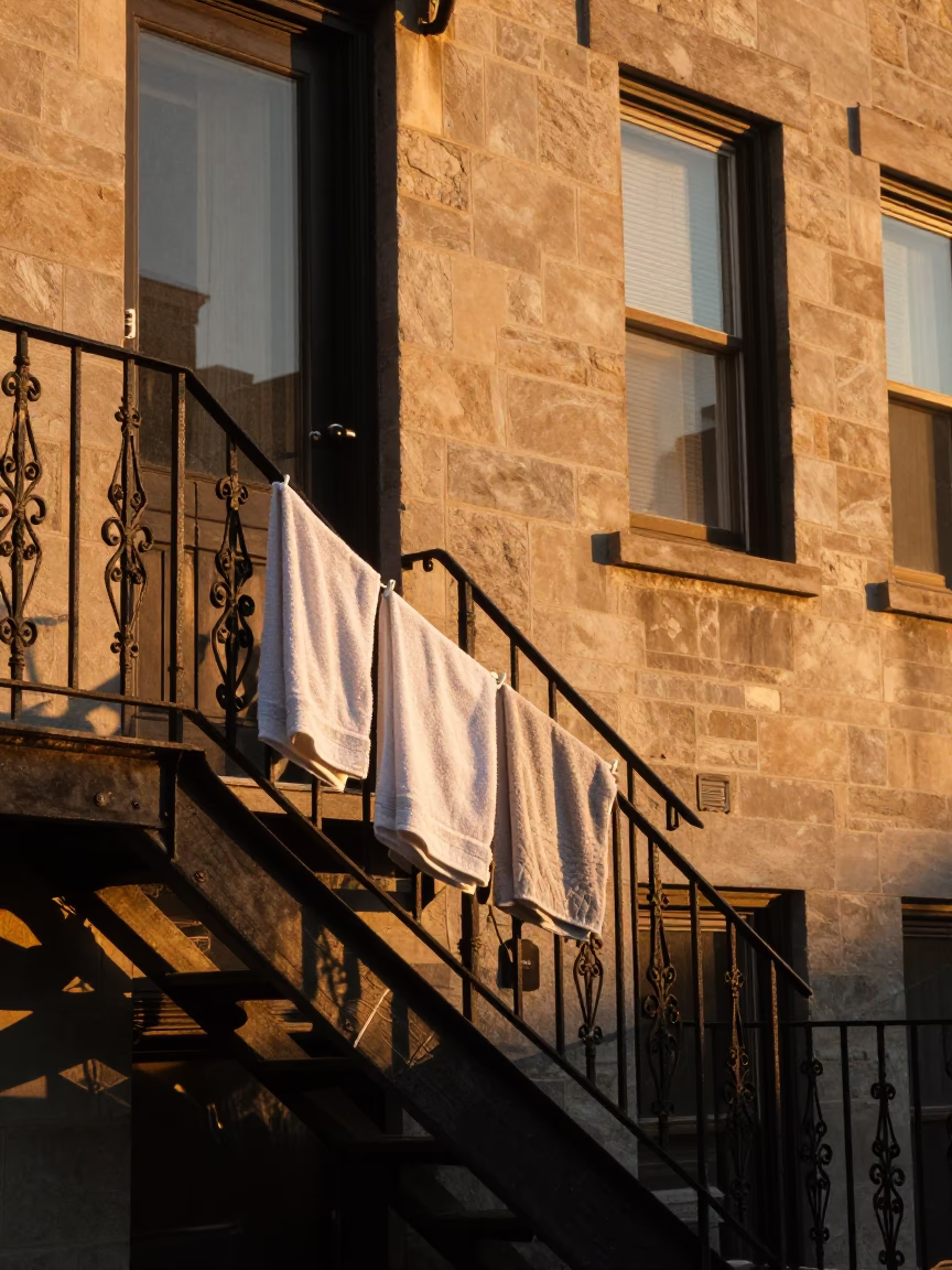 Montreal Stair Rail and Towels in Honeyed Evening Light in in Montreal, Quebec, Canada