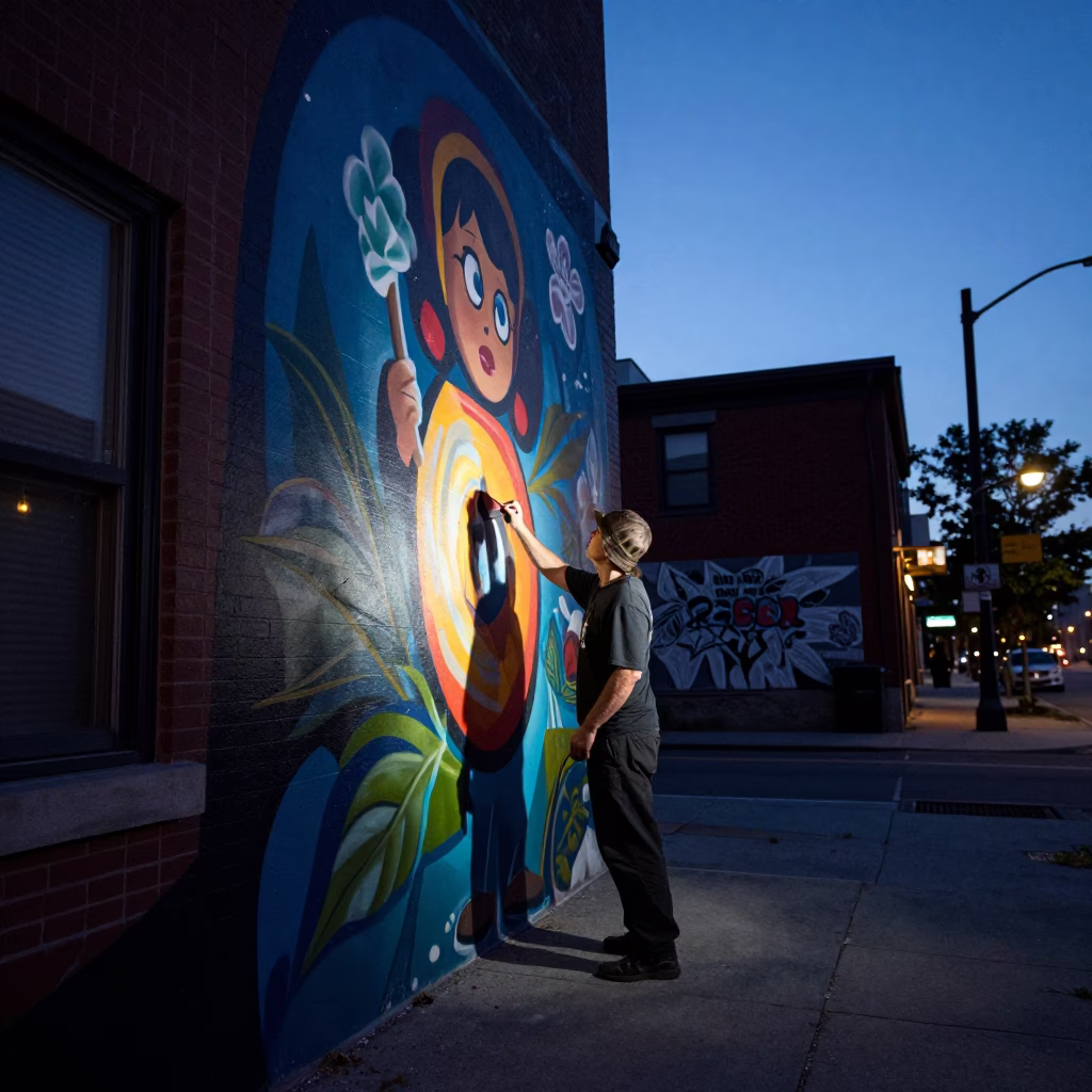 Montreal Street Artist Painting Mural in Predawn Darkness in in Montreal, Quebec, Canada