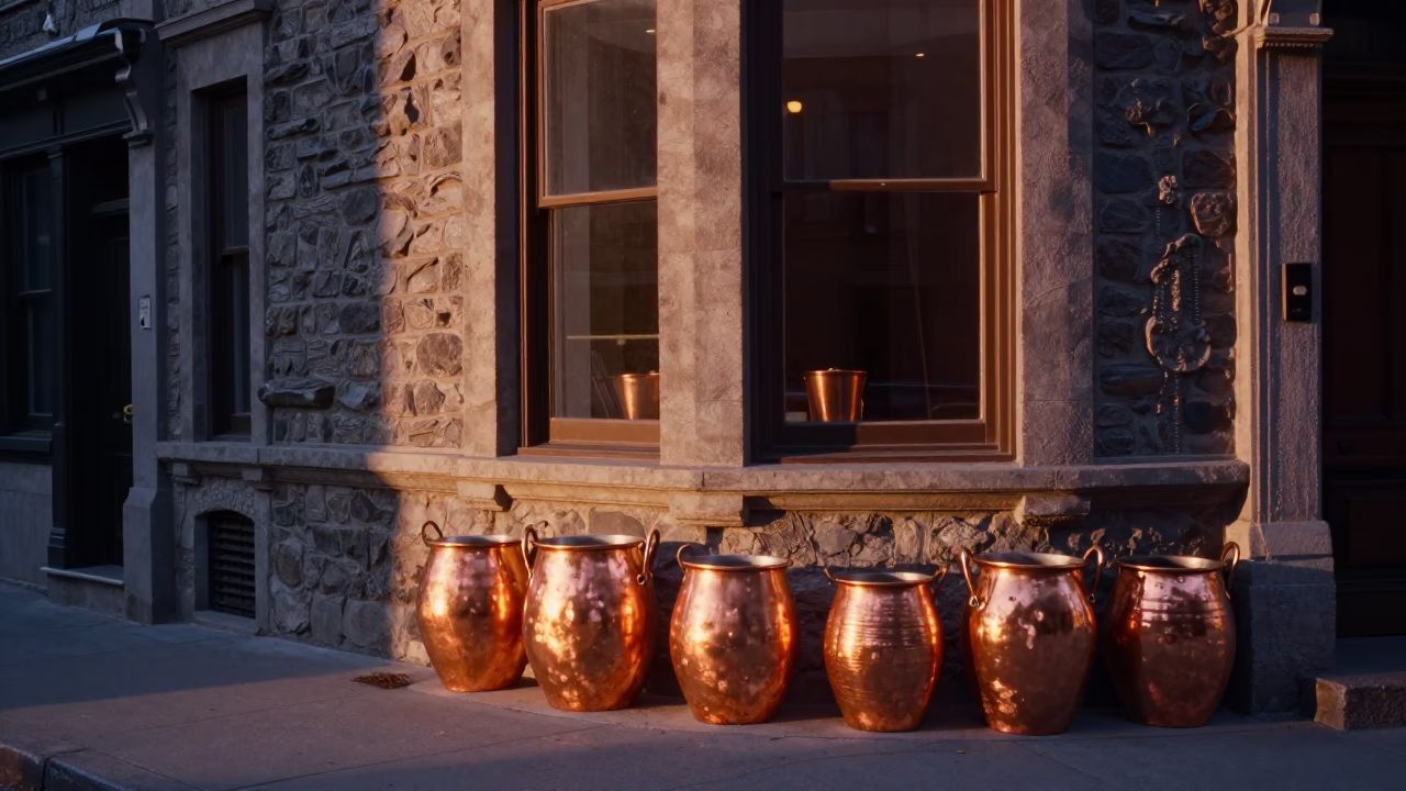 Montreal Street Corner at Dusk with Copper Pots and Laundry in in Montreal, Quebec, Canada