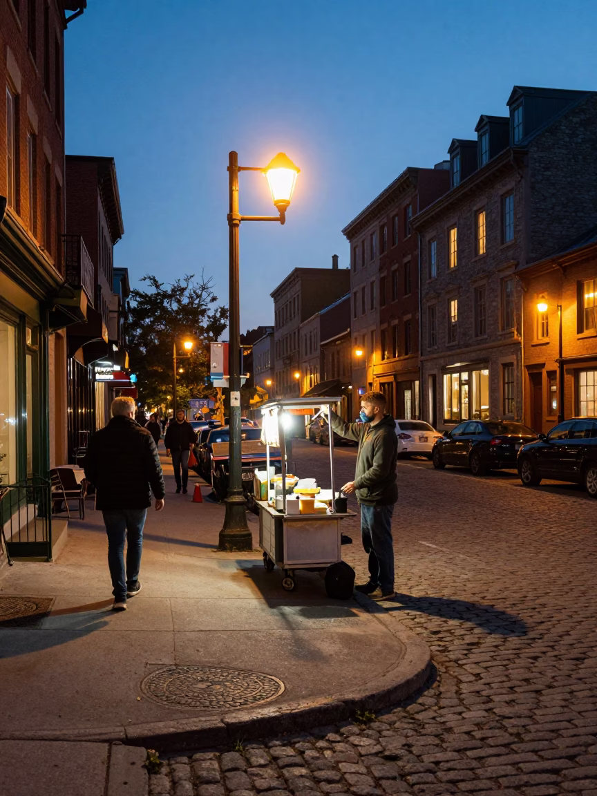 Montreal Street Corner at Dusk with Food Vendor and Pedestrians in in Montreal, Quebec, Canada