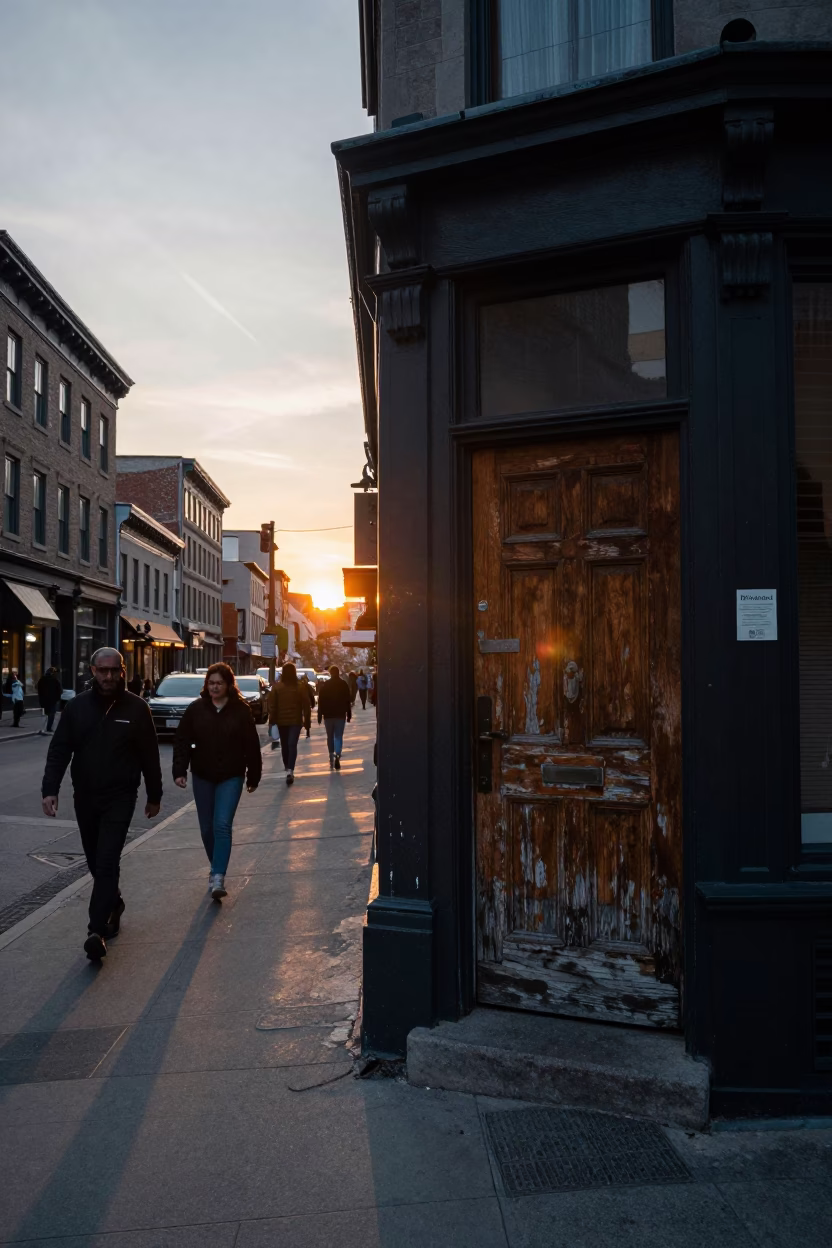 Montreal Street Corner at Dusk with Weathered Door and Urban Details in in Montreal, Quebec, Canada
