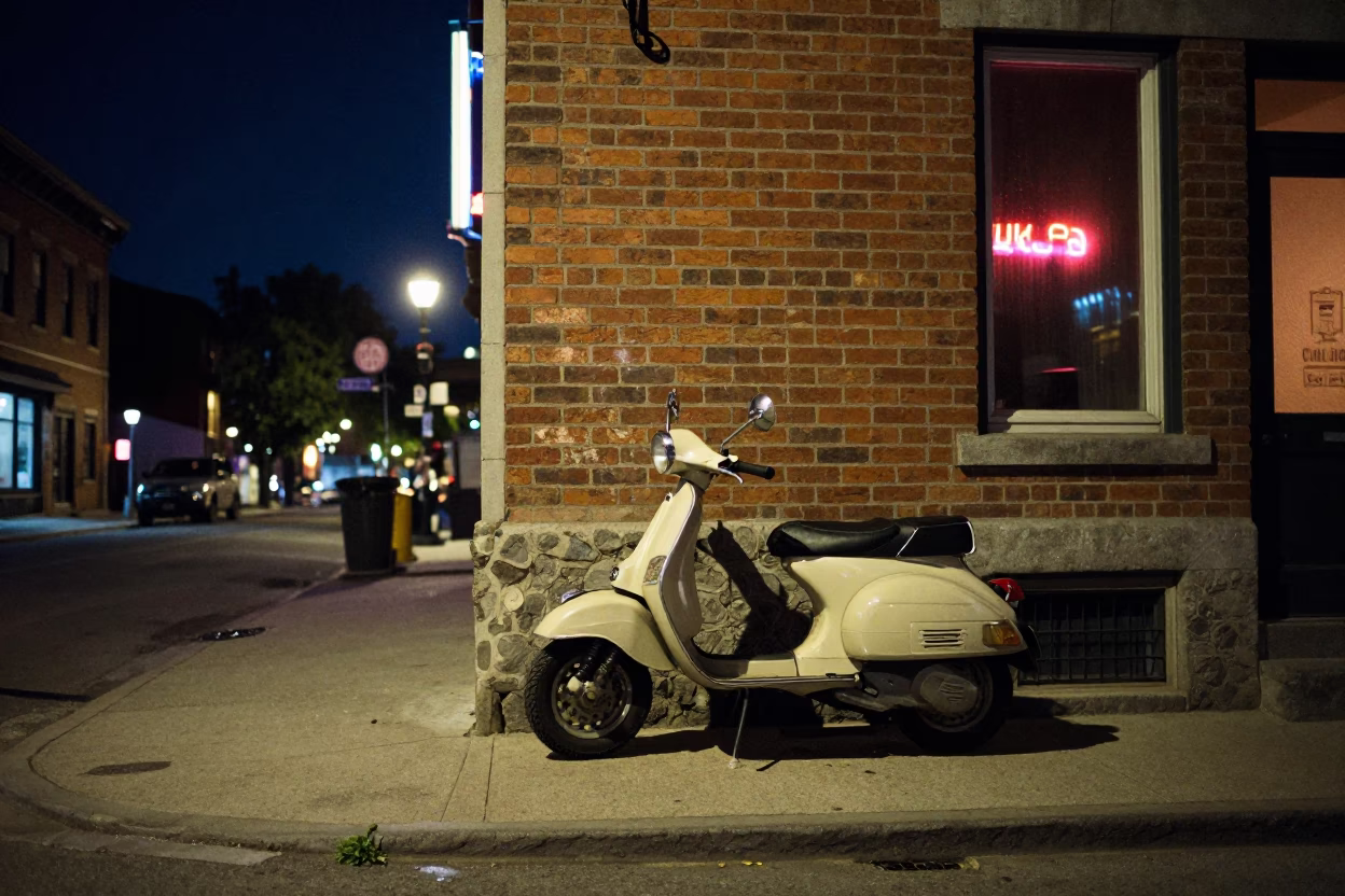 Montreal Street Corner at Night with Vintage Scooter and Neon Sign Reflections in in Montreal, Quebec, Canada