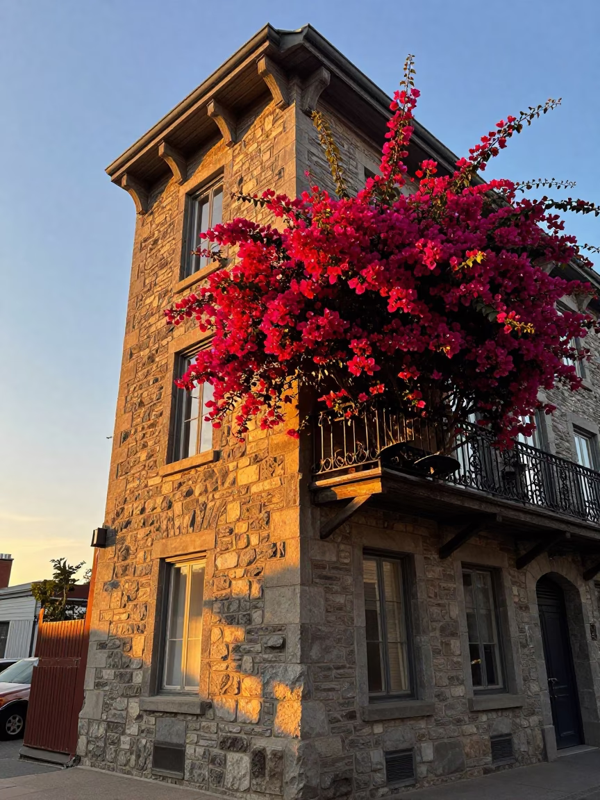 Montreal Street Corner at Sunset with Bougainvillea and Urban Life in in Montreal, Quebec, Canada