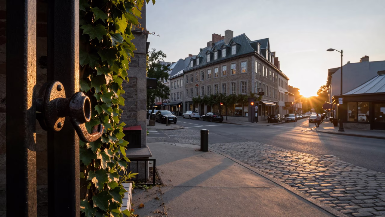 Montreal Street Corner at Sunset with Ivy and Old Gate Handle in Quebec in in Montreal, Quebec, Canada
