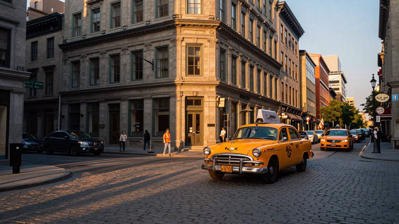Montreal Street Corner at Sunset with Vintage Yellow Taxi and Pedestrians Near Old Port in in Montreal, Quebec, Canada