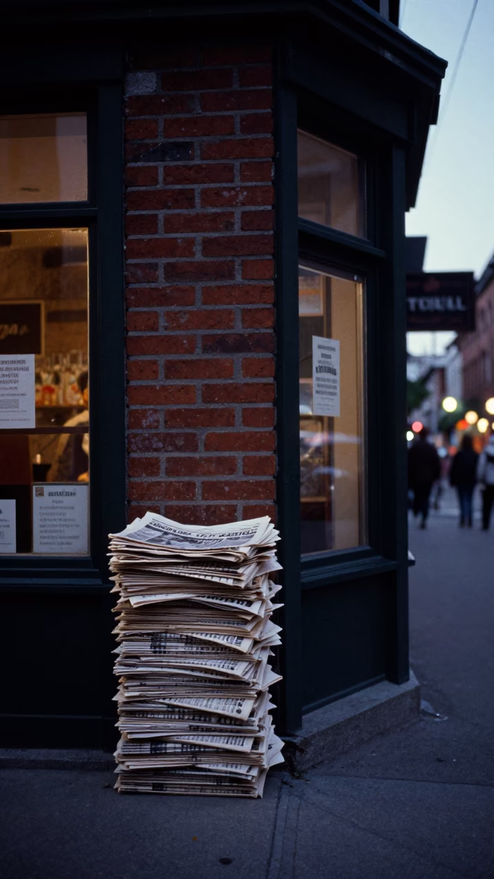 Montreal Street Corner Before Dawn With Newspaper Stack And Paring Knife in in Montreal, Quebec, Canada