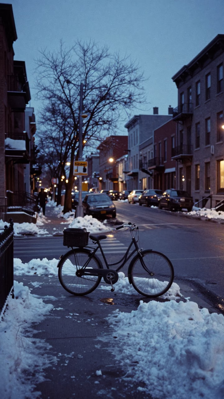 Montreal Street Corner Before Dawn with Vintage Bicycle and Snow Banks in in Montreal, Quebec, Canada