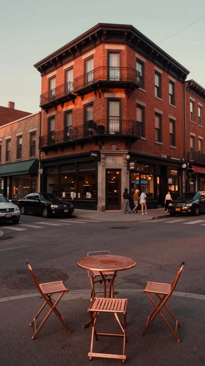 Montreal Street Corner Before Dusk with Vintage Folding Stools and Ceramic Plates in in Montreal, Quebec, Canada