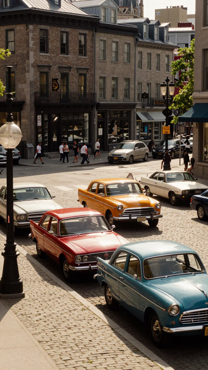 Montreal Street Corner Busy Afternoon with Vintage Cars and Pedestrians in in Montreal, Quebec, Canada