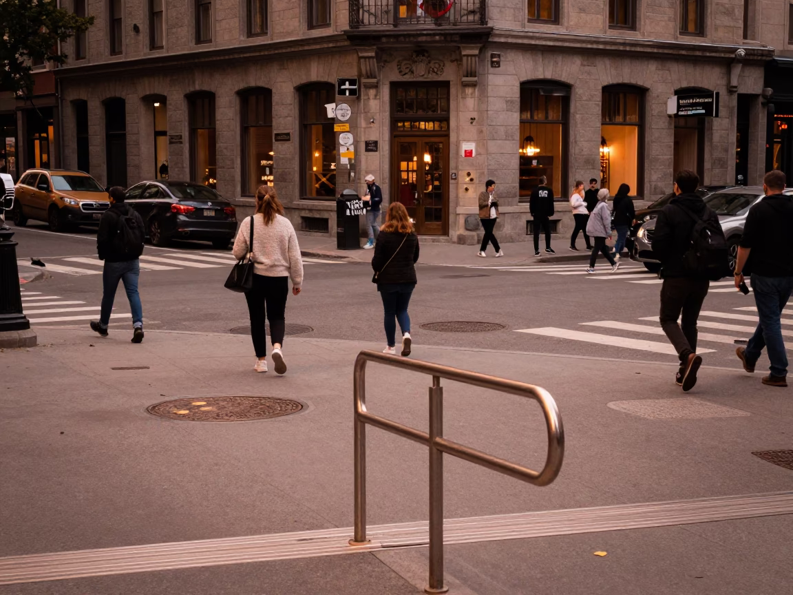 Montreal Street Corner Dusk Scene with Stair Rail and Local Commuters in in Montreal, Quebec, Canada