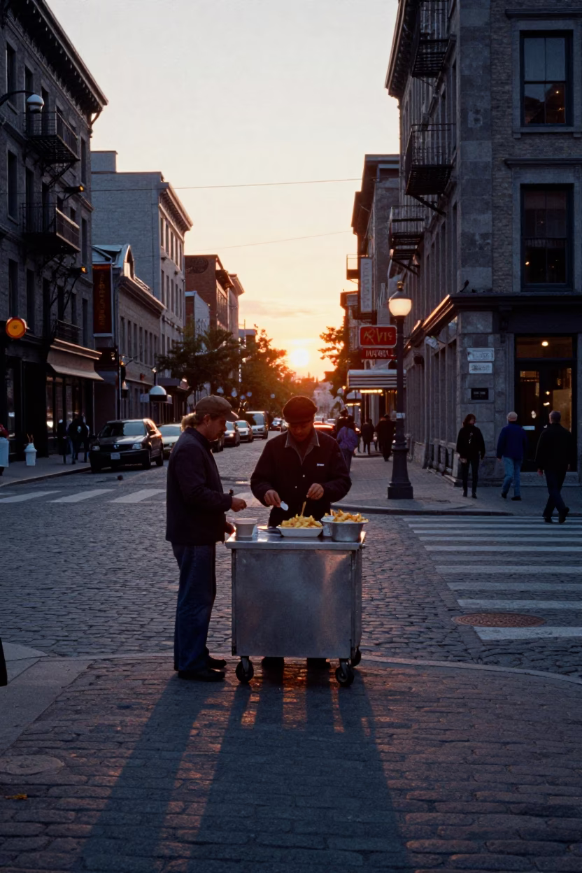 Montreal Street Corner Evening Scene with Poutine and Urban Architecture in in Montreal, Quebec, Canada