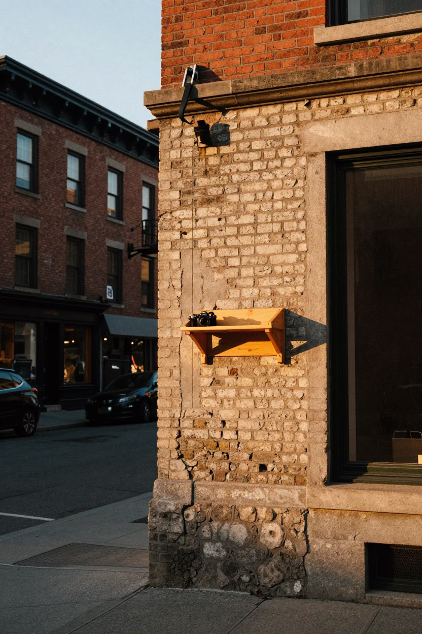 Montreal Street Corner Evening Scene with Wall Shelf and Local Details in in Montreal, Quebec, Canada