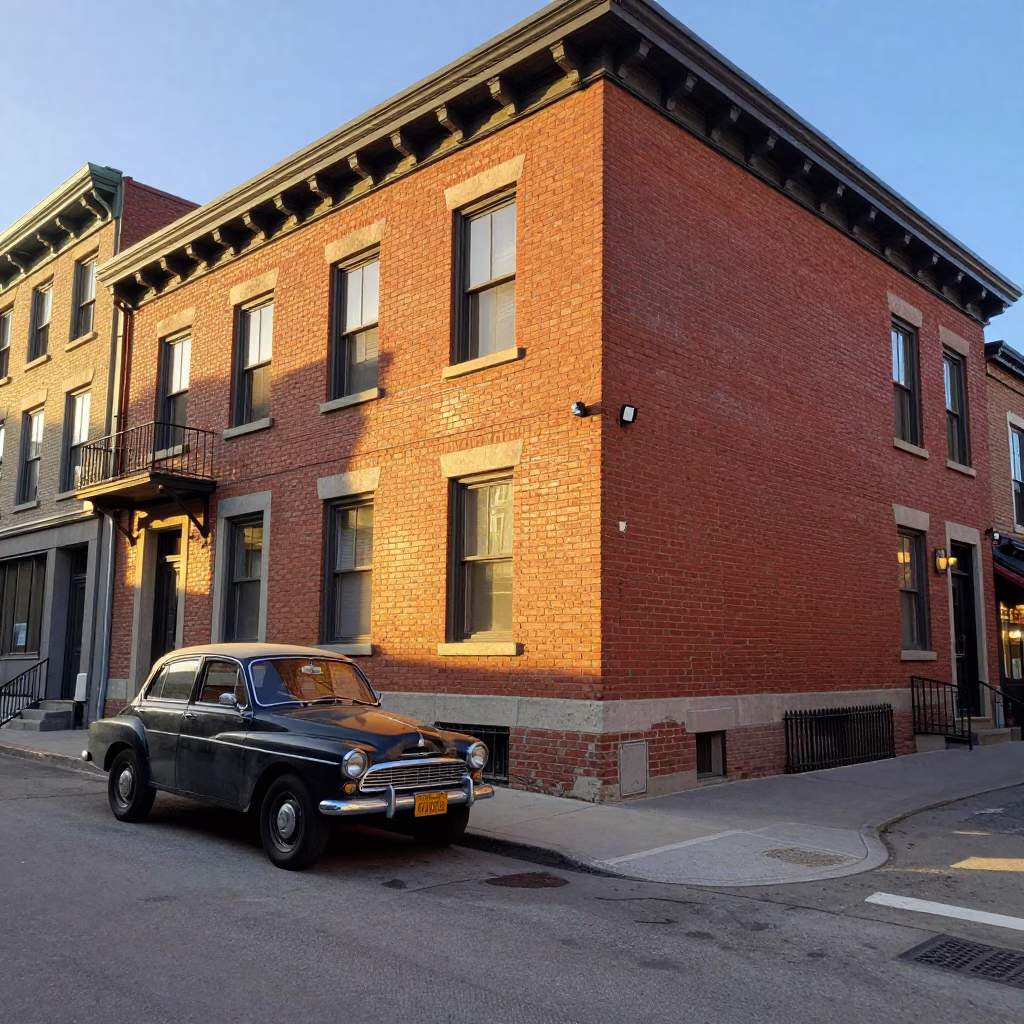 Montreal Street Corner Golden Hour with Brick Architecture and Vintage Car in in Montreal, Quebec, Canada