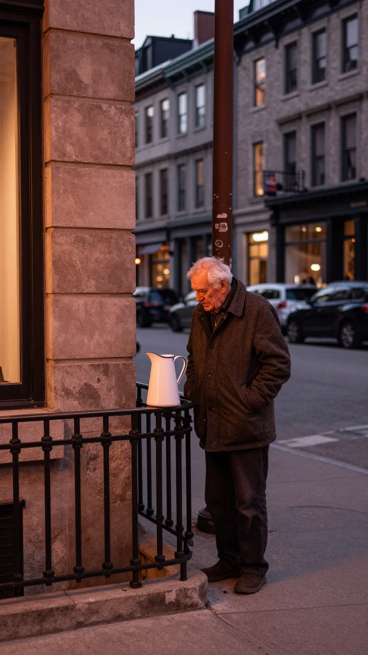 Montreal Street Corner in Copper Dusk with Enamel Pitcher and Letter Tray in in Montreal, Quebec, Canada