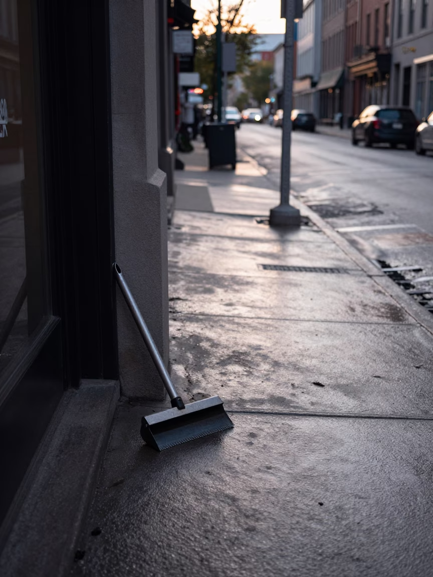 Montreal Street Corner Just After Sunrise with Boot Scraper and Wet Pavement Reflections in in Montreal, Quebec, Canada