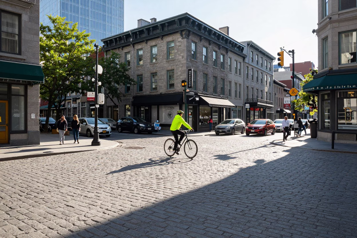 Montreal Street Corner Morning Light with Pedestrians and Urban Details in in Montreal, Quebec, Canada