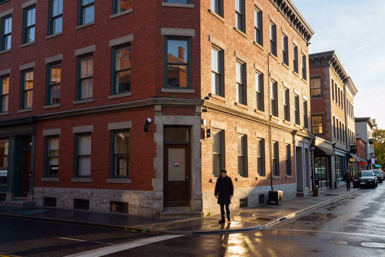 Montreal Street Corner Sunrise with Brick Architecture and Commuter Coffee in in Montreal, Quebec, Canada