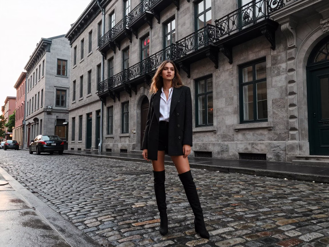 Montreal Street Fashion Photography Early Evening Urban Scene in in Montreal, Quebec, Canada