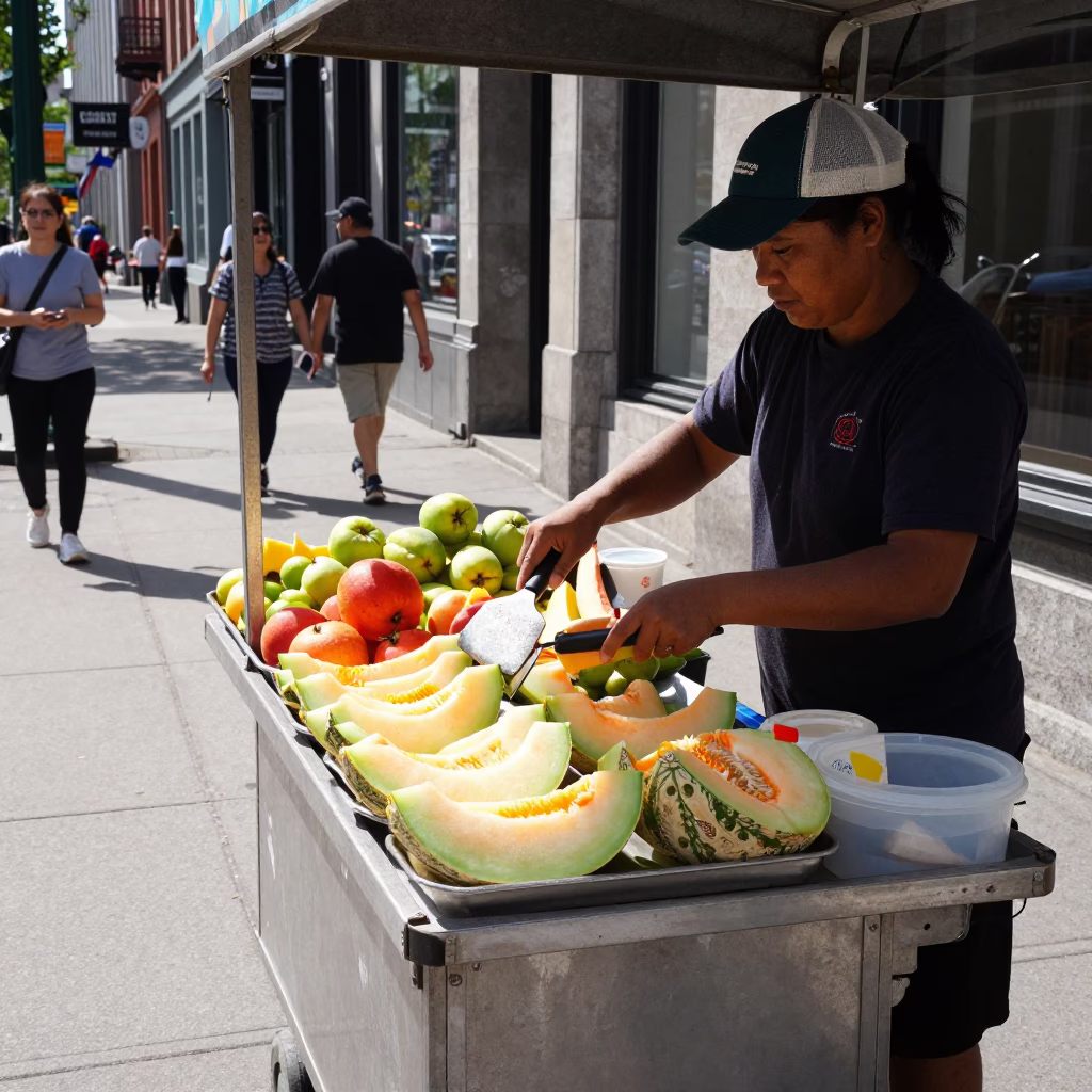 Montreal Street Food Cart with Spatula and Fruit Under Noon Sun in in Montreal, Quebec, Canada