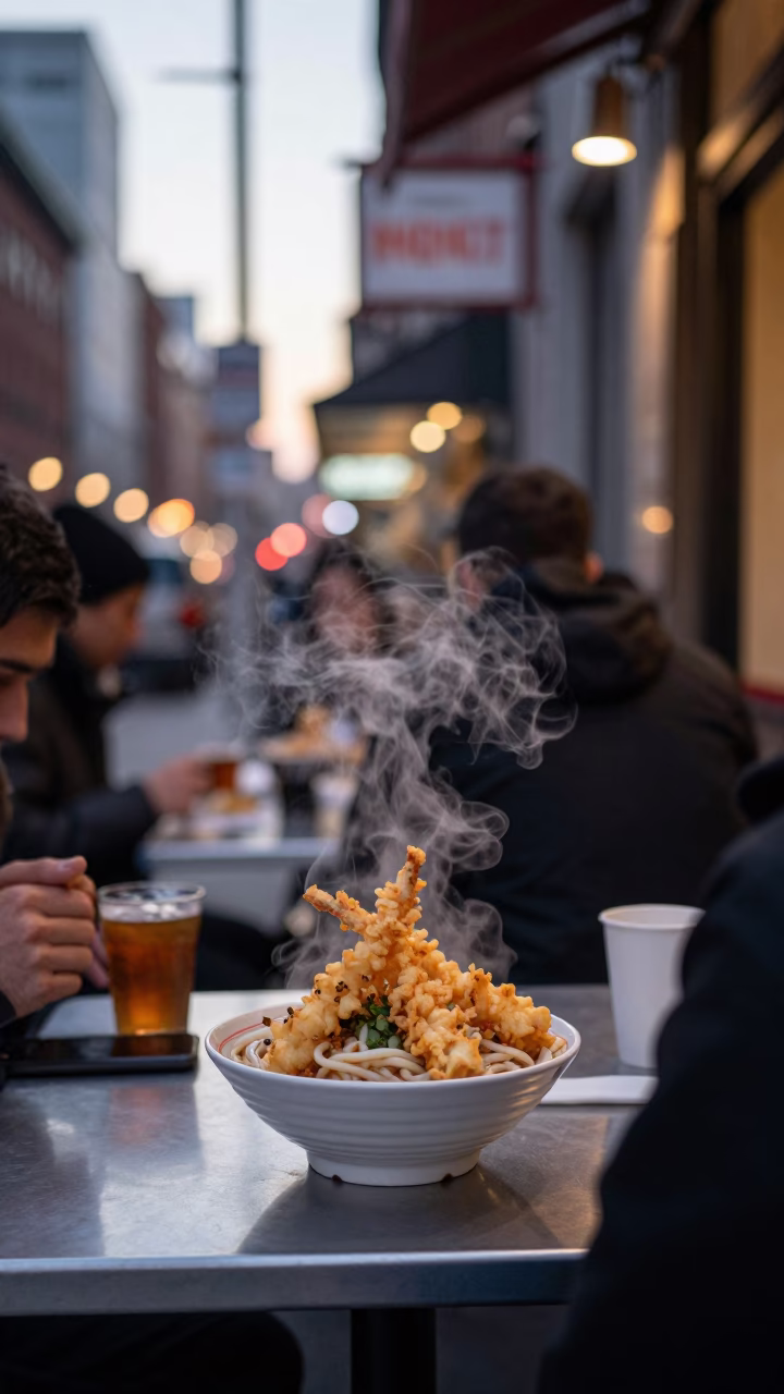 Montreal Street Food Scene at Dusk with Steam and Urban Architecture in in Montreal, Quebec, Canada