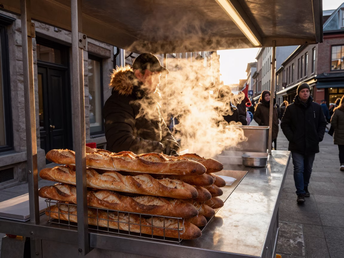Montreal Street Food Vendor at Golden Hour with Baguettes and Steam in Quebec in in Montreal, Quebec, Canada