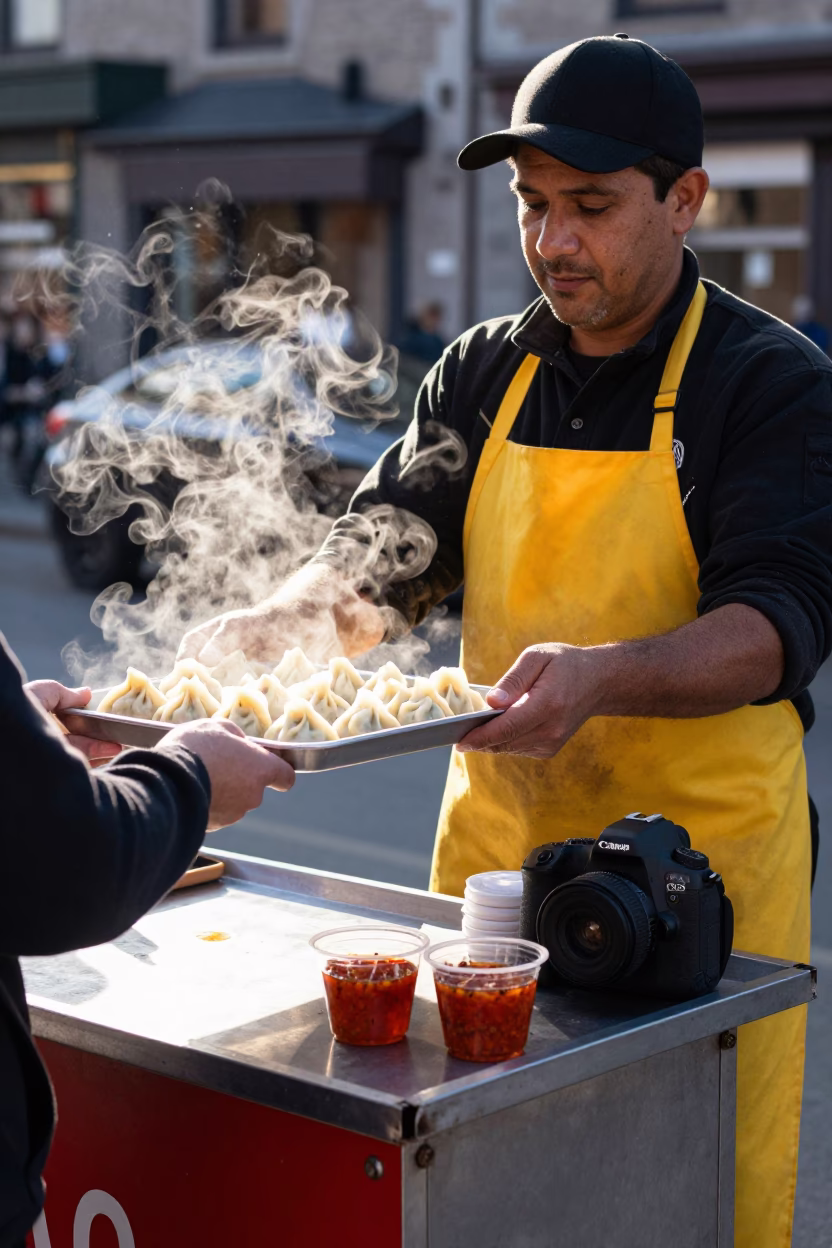 Montreal Street Food Vendor Serving Momos and Chutney in Early Afternoon Sunlight in in Montreal, Quebec, Canada