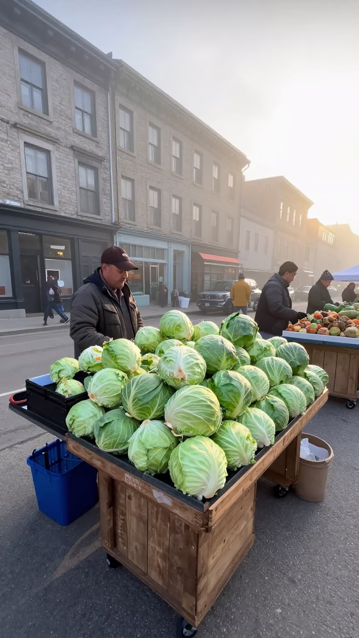 Montreal Street Market Stall with Rolling Carts and Cabbages in Early Morning Light in in Montreal, Quebec, Canada
