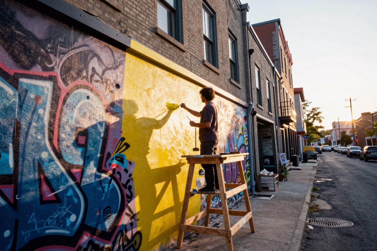 Montreal Street Mural Artist Painting Sunrise Graffiti in Quebec City in in Montreal, Quebec, Canada