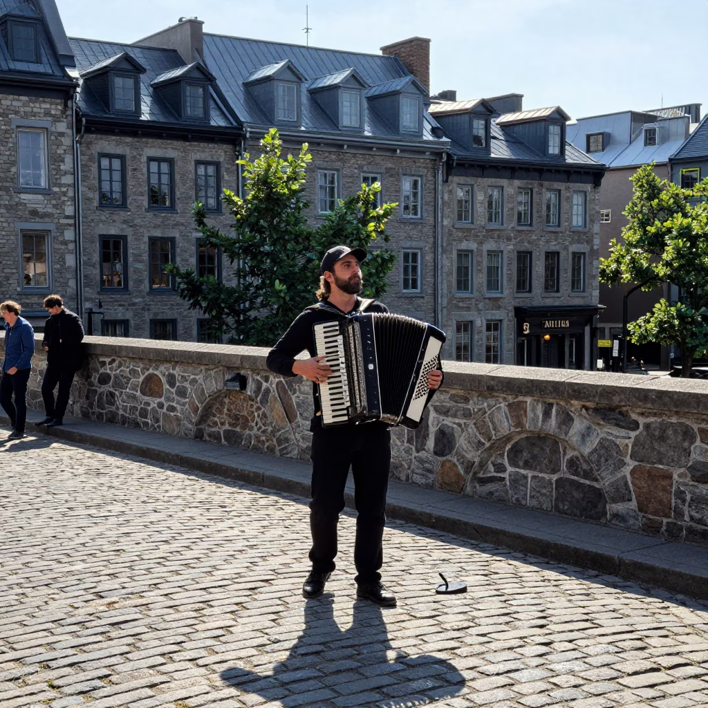 Montreal Street Musician Playing Accordion on Cobblestone Bridge in Late Morning in in Montreal, Quebec, Canada