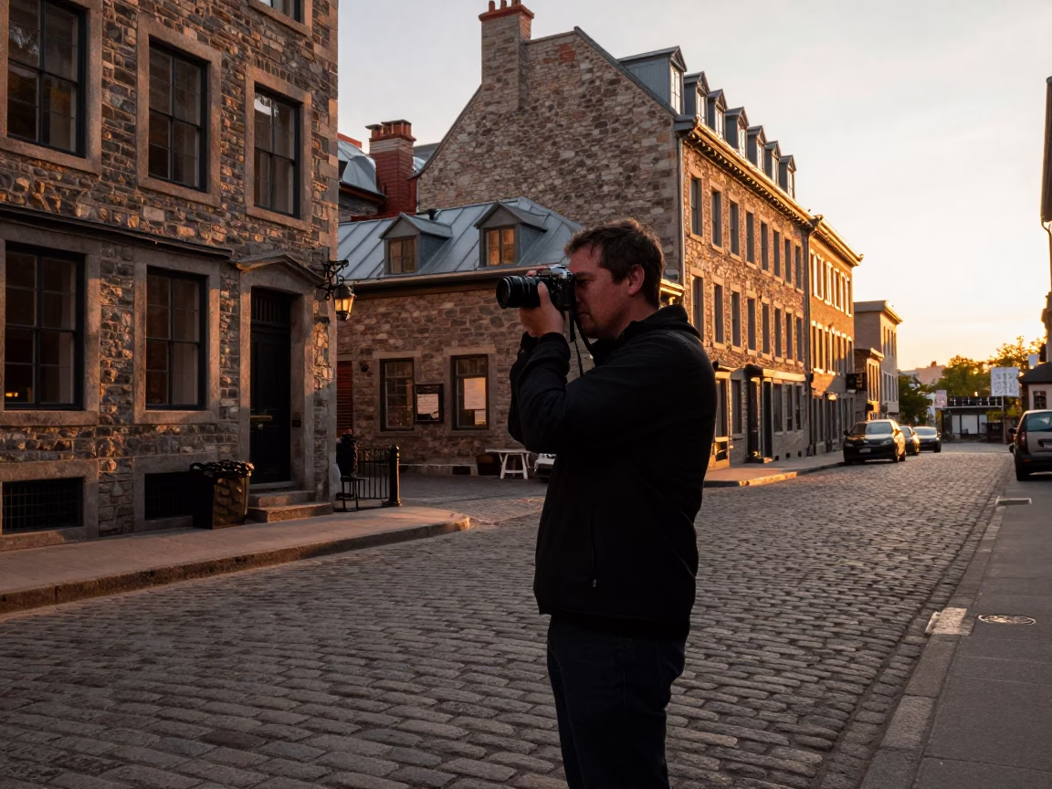 Montreal street photographer at sunset capturing candid moment with vintage camera and city skyline in in Montreal, Quebec, Canada