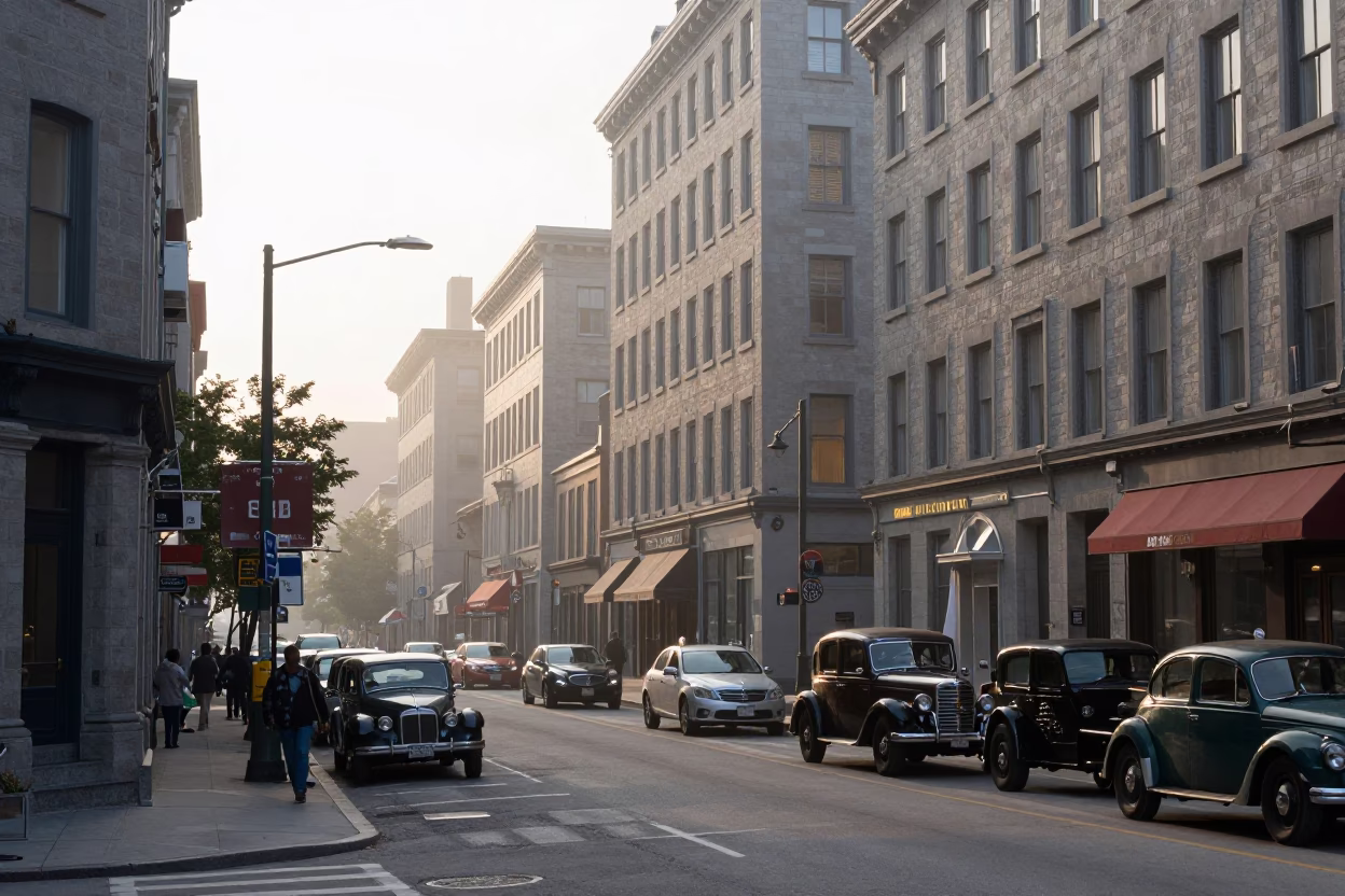 Montreal Street Scene at Dawn with Vintage Automobiles and Early Morning Commuters in in Montreal, Quebec, Canada
