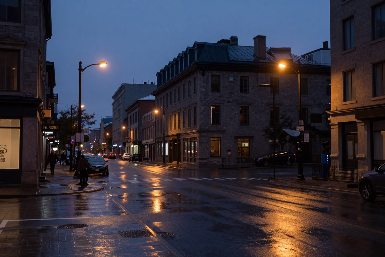 Montreal Street Scene at Dawn with Wet Pavement and Urban Infrastructure in in Montreal, Quebec, Canada