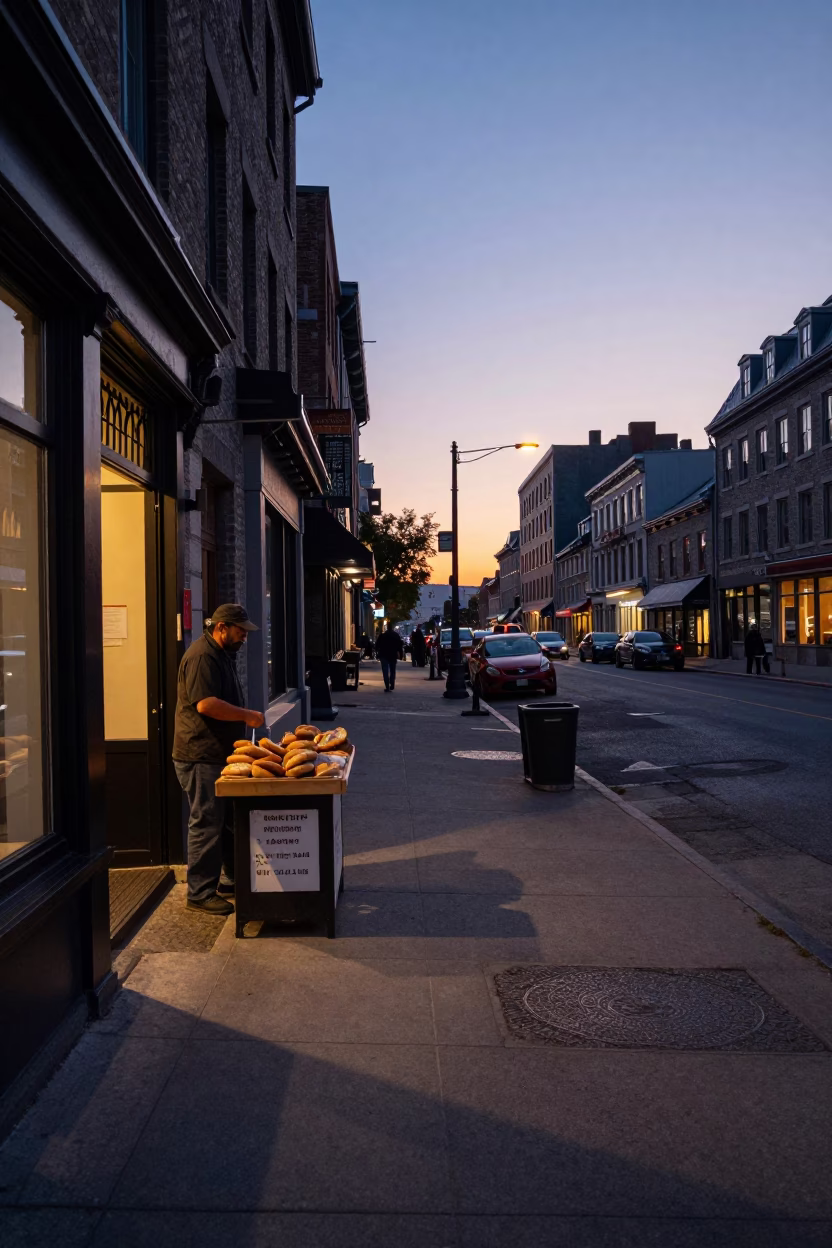 Montreal Street Scene at Dusk with Bread Loaves and Vintage Urban Details in in Montreal, Quebec, Canada