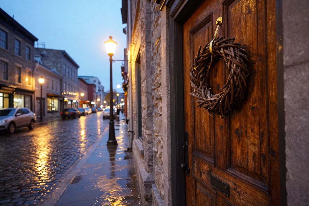 Montreal Street Scene at Dusk with Door Wreaths and Overpass Taillights in in Montreal, Quebec, Canada