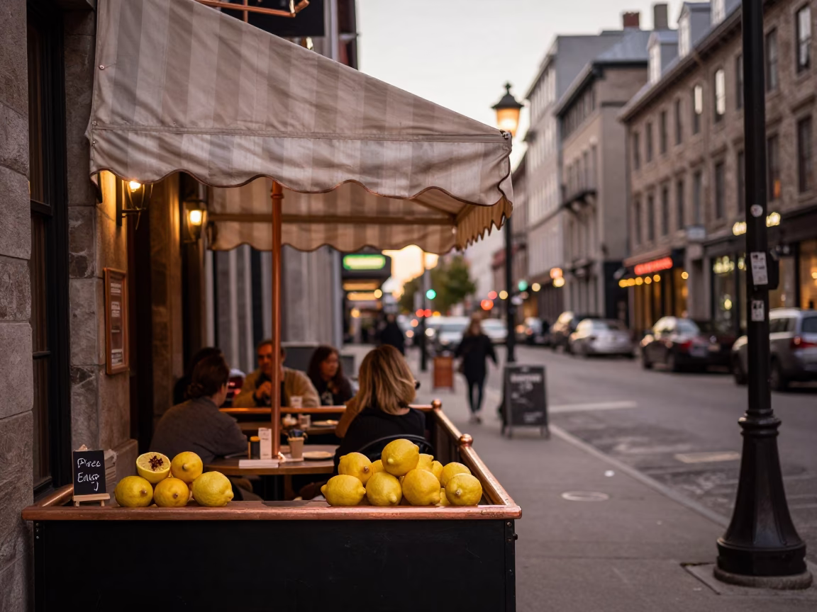 Montreal Street Scene at Dusk with Lemons and Spice Jar on Cafe Table in in Montreal, Quebec, Canada