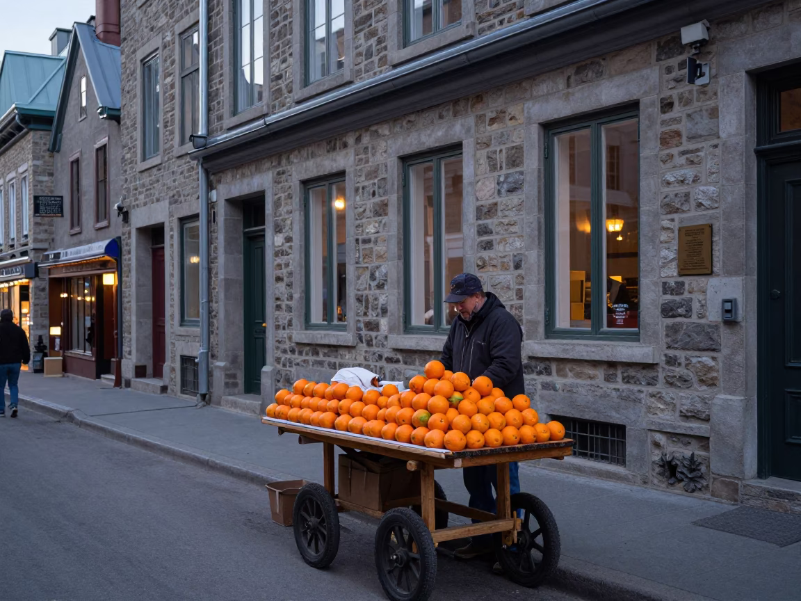 Montreal Street Scene at Dusk with Orange Vendor and Stone Architecture in in Montreal, Quebec, Canada