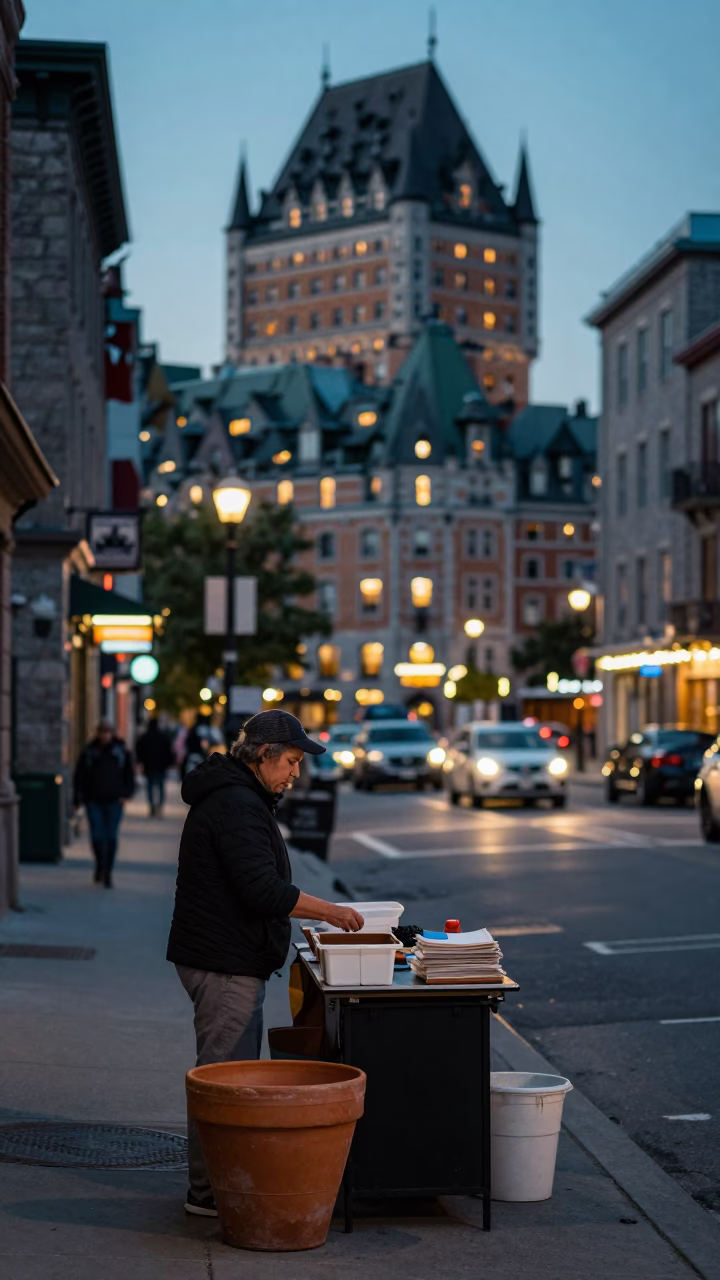 Montreal Street Scene at Dusk with Terracotta Pot and Melons in in Montreal, Quebec, Canada