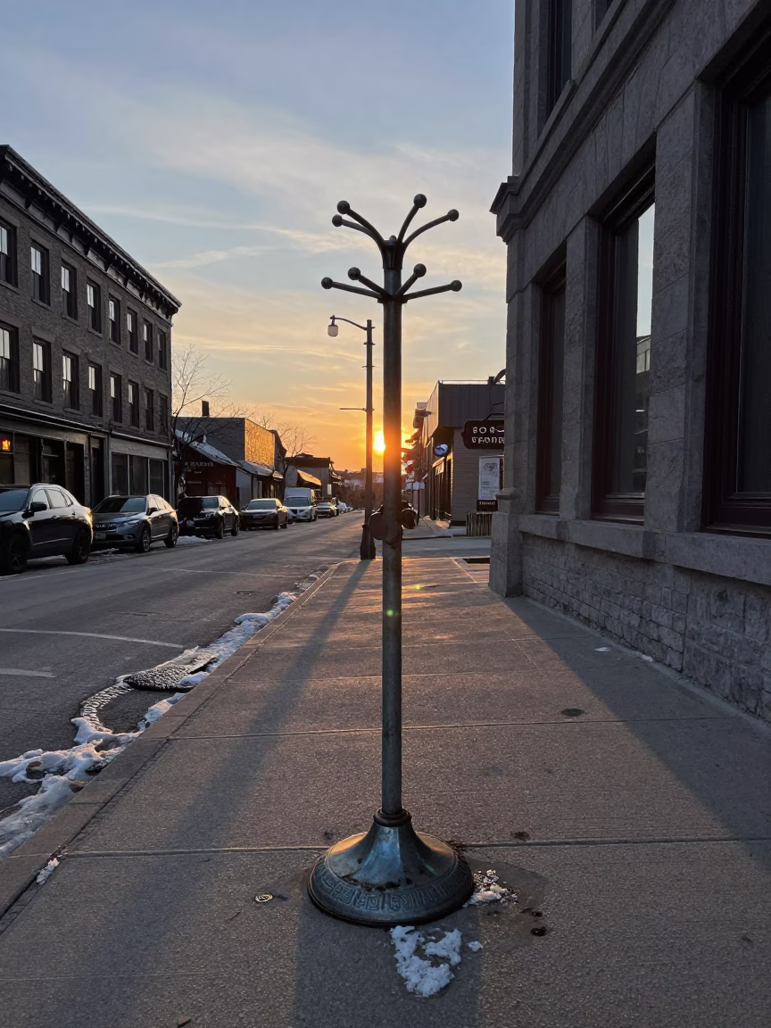 Montreal Street Scene at Dusk with Vintage Coat Stand and Spring Snow in in Montreal, Quebec, Canada