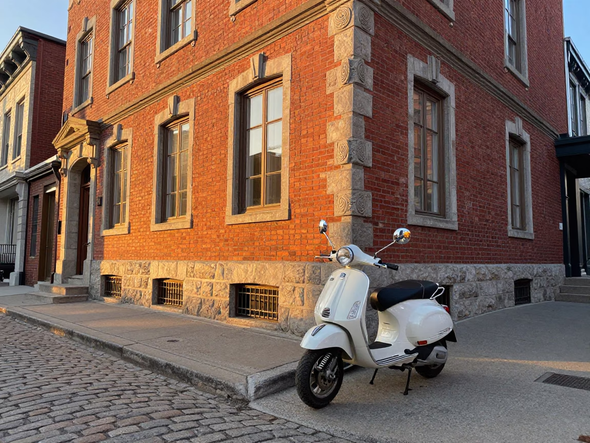 Montreal Street Scene at Dusk with Vintage Scooter and Brick Architecture in in Montreal, Quebec, Canada