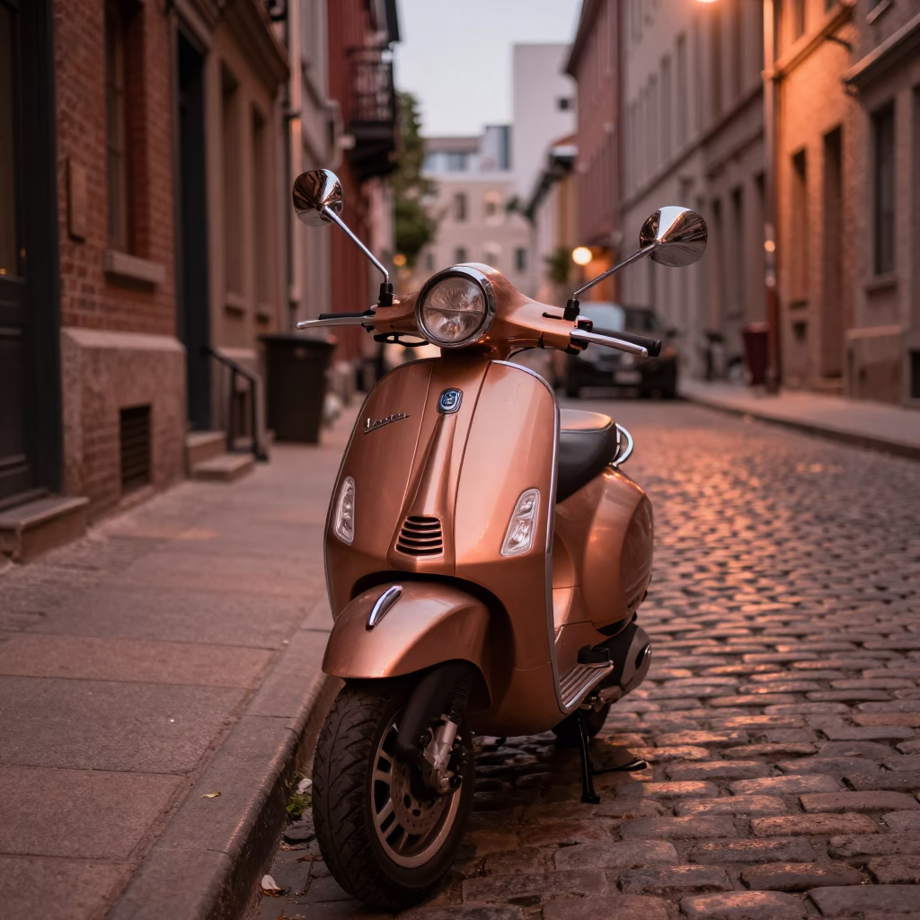 Montreal Street Scene at Dusk with Vintage Vespa on Cobblestone Lane in Copper Light in in Montreal, Quebec, Canada