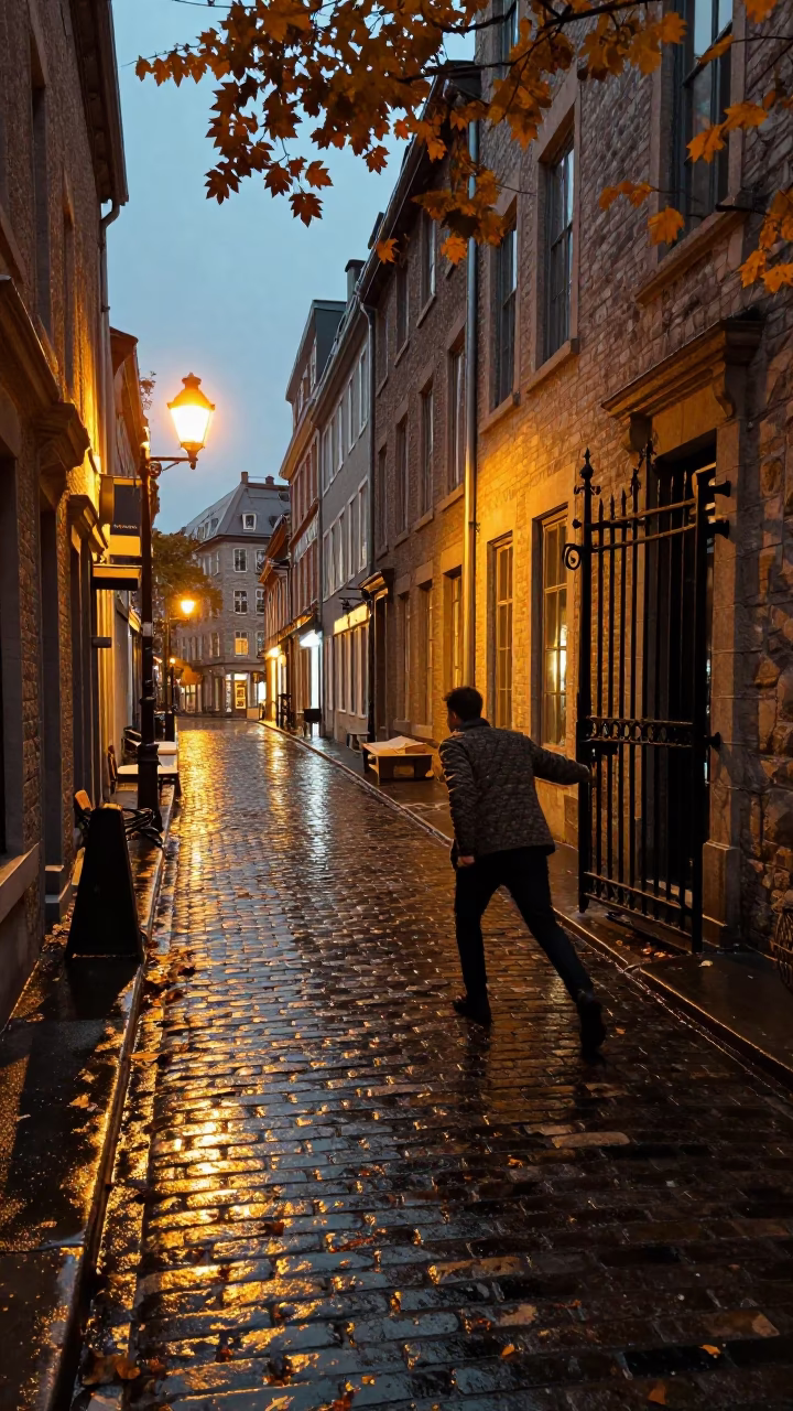 Montreal Street Scene at Dusk with Wet Leaves and City Lights in in Montreal, Quebec, Canada