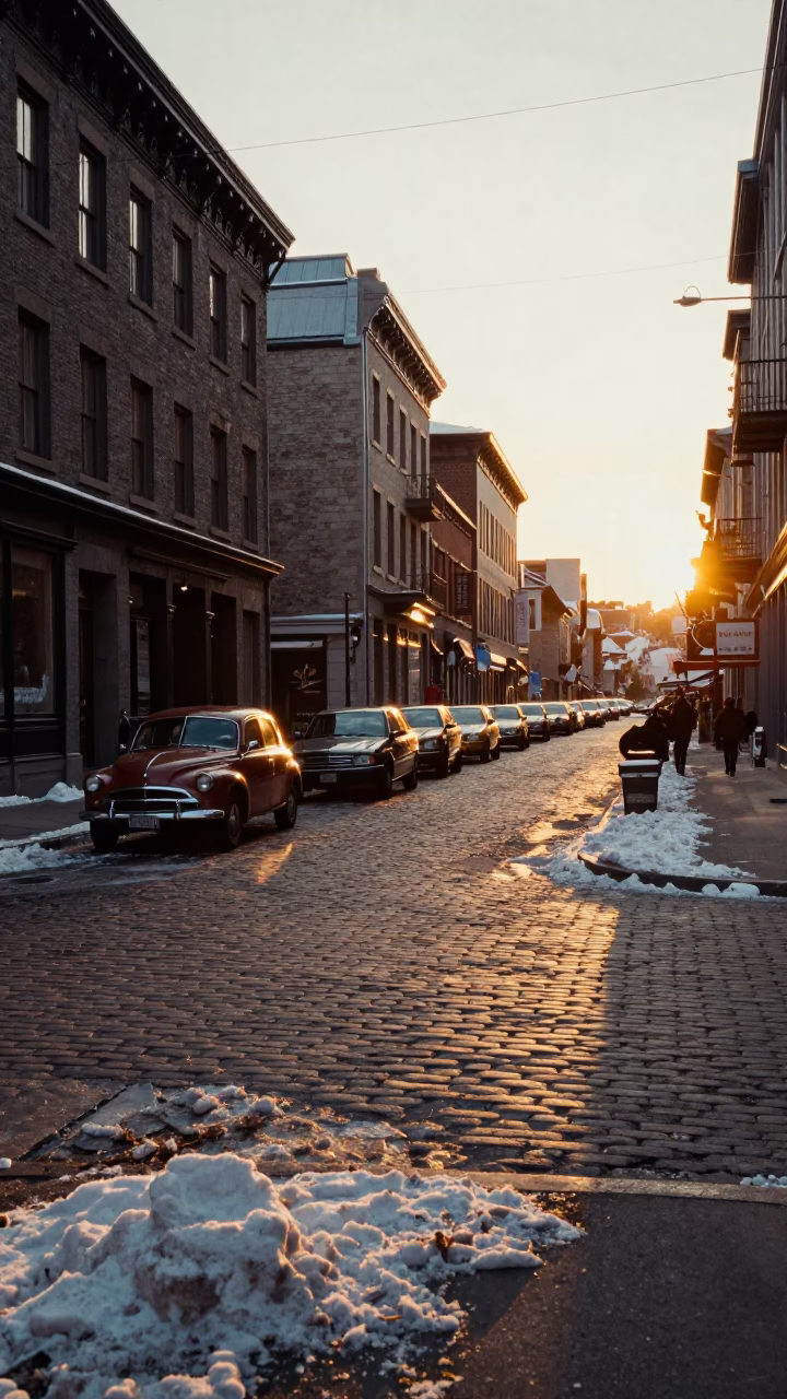 Montreal Street Scene at Golden Hour with Vintage Cars and Snowy Sidewalks in in Montreal, Quebec, Canada