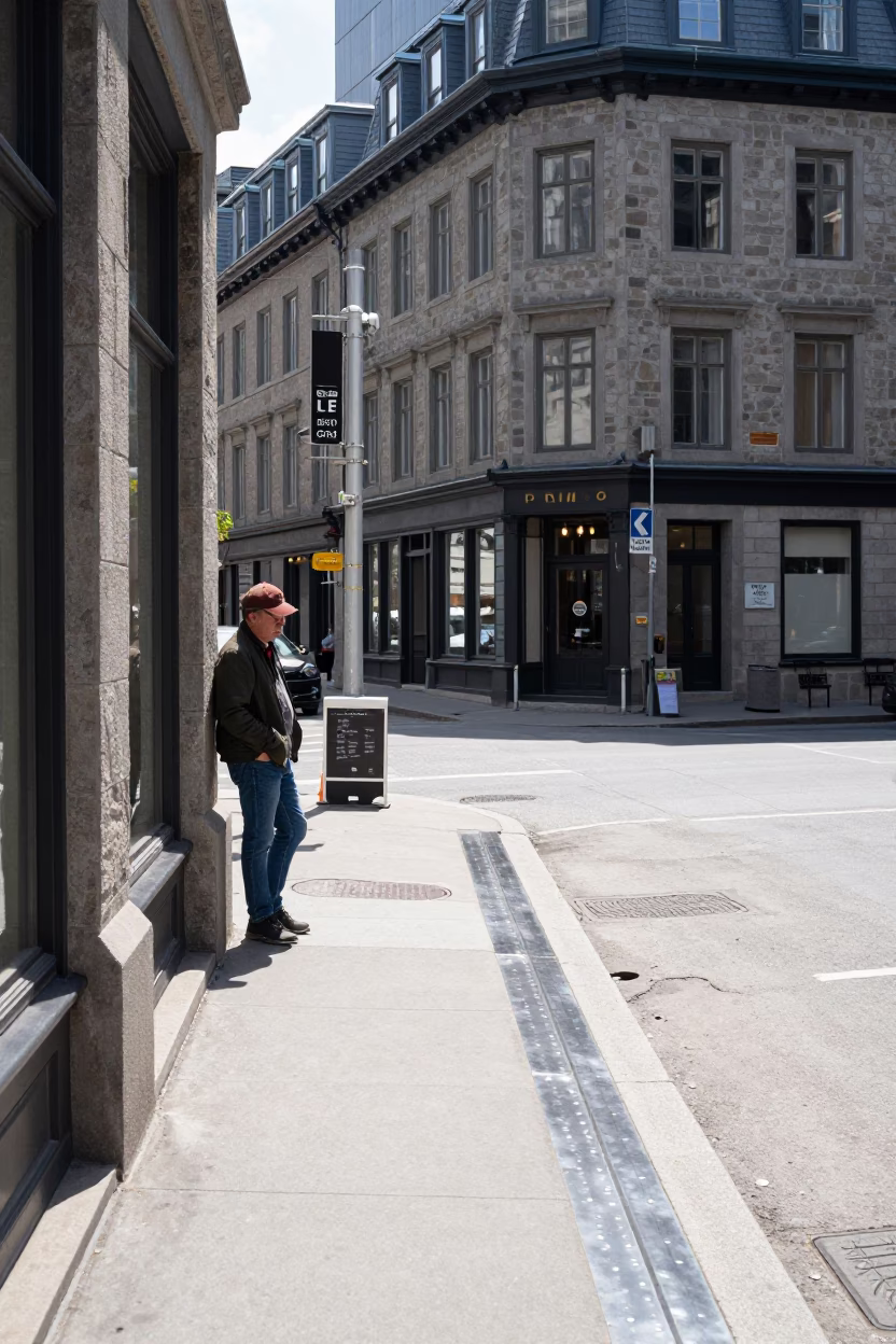Montreal Street Scene at Midday with Brushed Steel Sill and Urban Details in in Montreal, Quebec, Canada