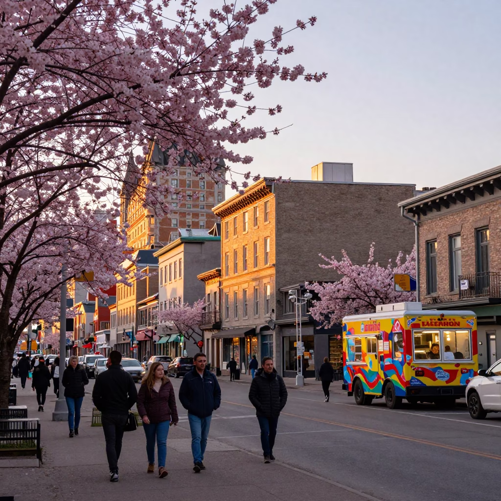 Montreal Street Scene at Sunset with Cherry Blossoms and Urban Life in in Montreal, Quebec, Canada
