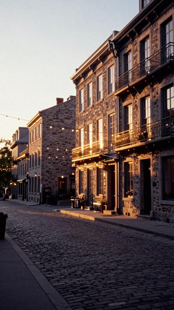 Montreal Street Scene at Sunset with String Lights and Urban Detail in in Montreal, Quebec, Canada